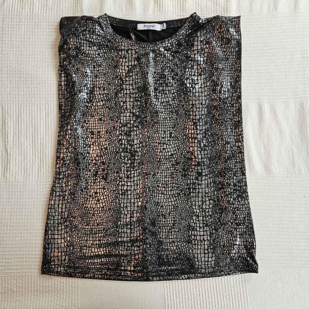 Runway Paris Metallic Silver Snakeskin Print Sleeveless Top Women S/M Black